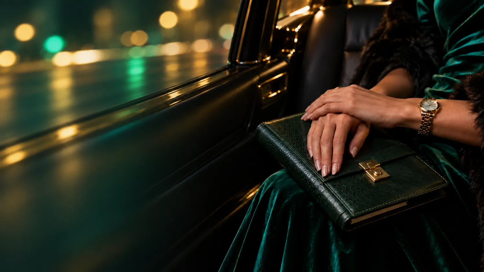Hands resting on a locked leather diary in the back of a limousine at night