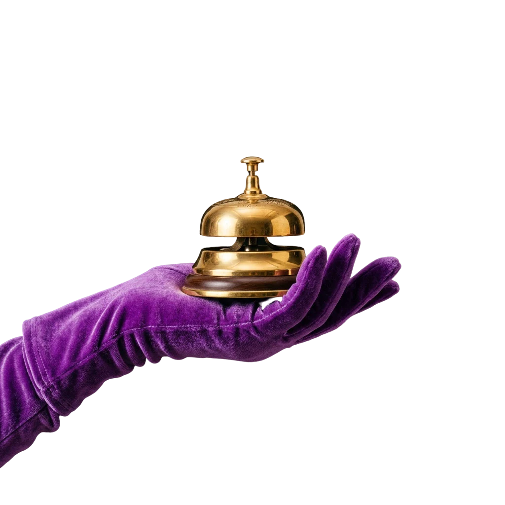 Purple velvet glove holding a golden service bell, symbolising a quick call for account answers