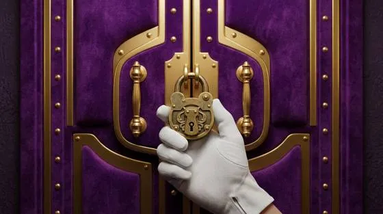 Vault-style doors with gold fittings and a hanging padlock