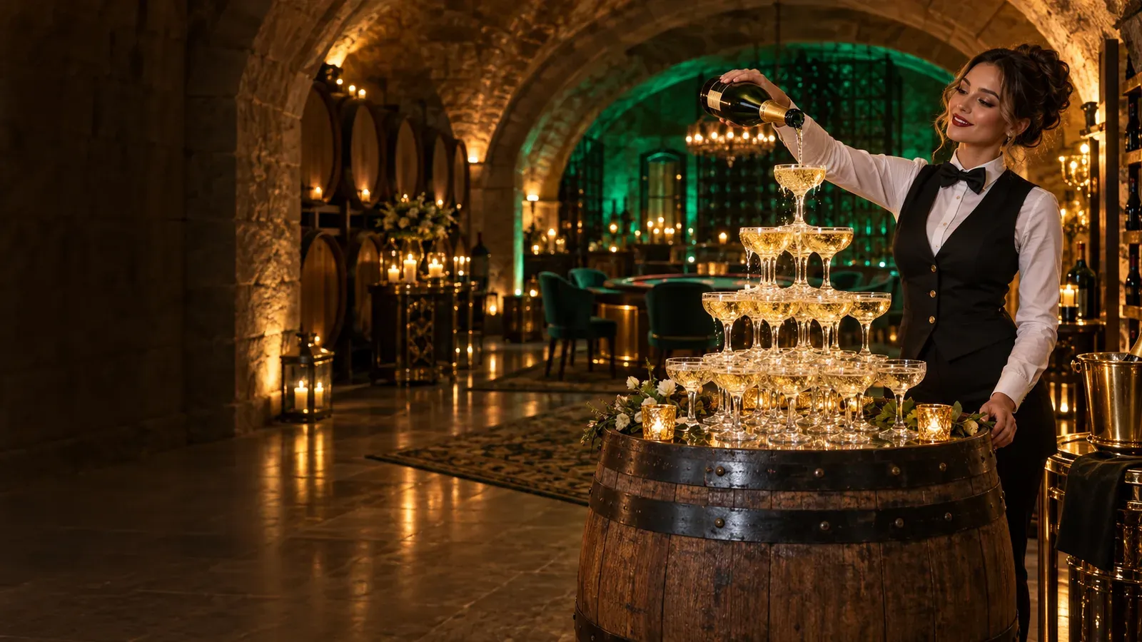 Croupier in a waistcoat completing a champagne tower in a stone wine cellar