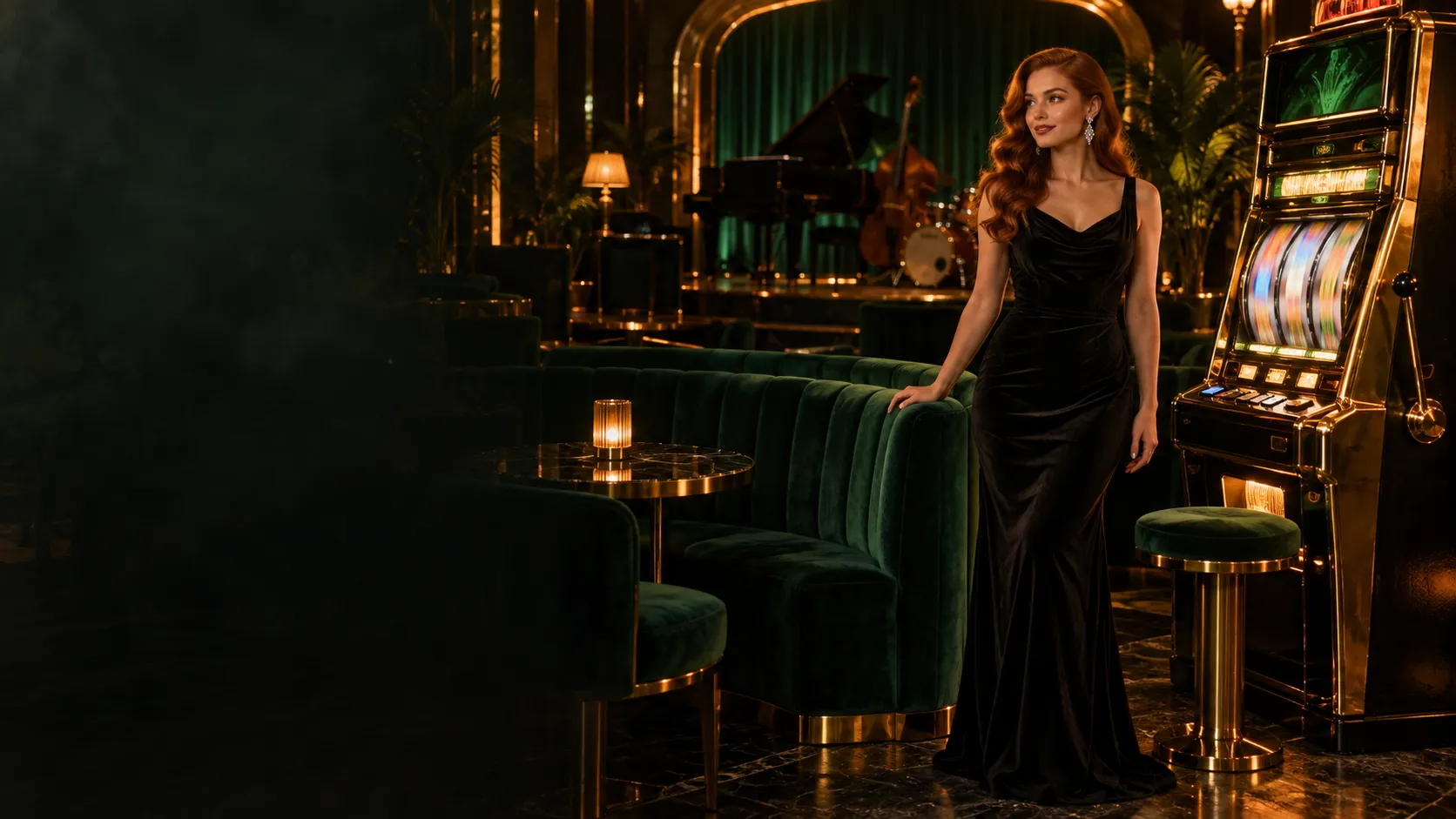 Woman in a black gown beside a glowing slot-reel cabinet in a jazz lounge