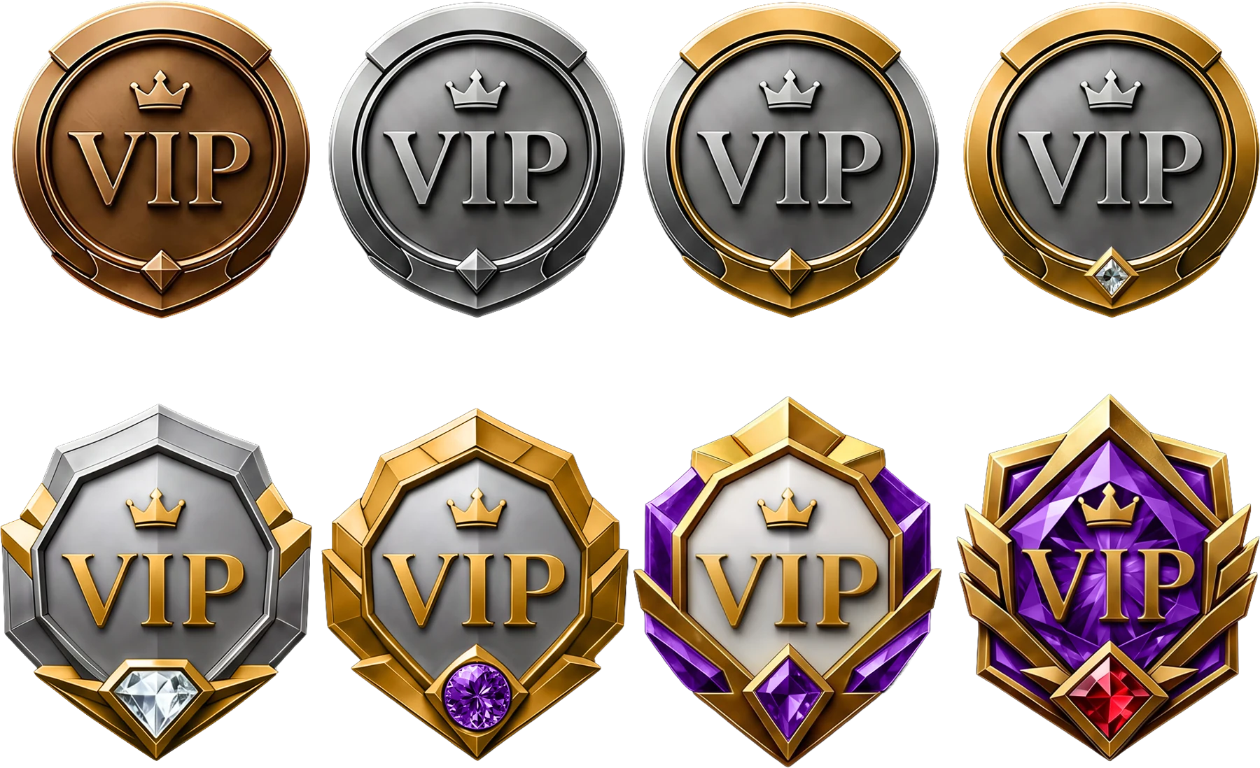 A set of tiered VIP badges from bronze through to the higher gold and platinum levels