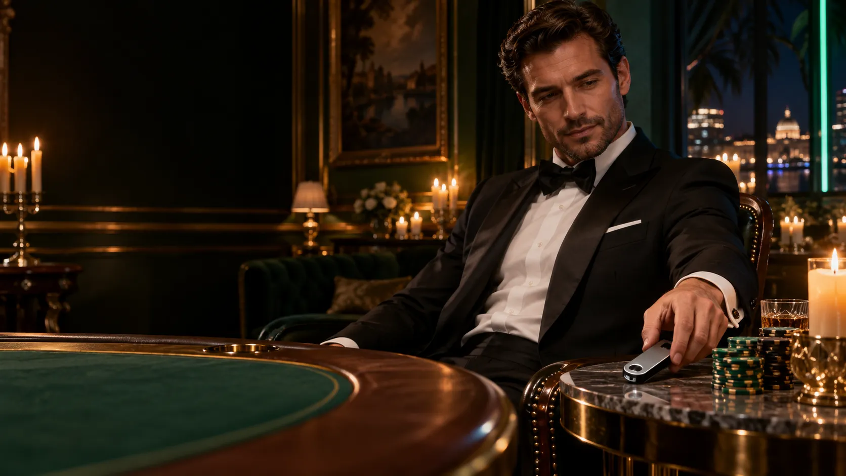 Man in a tuxedo placing a hardware wallet on a marble table beside a stack of casino chips