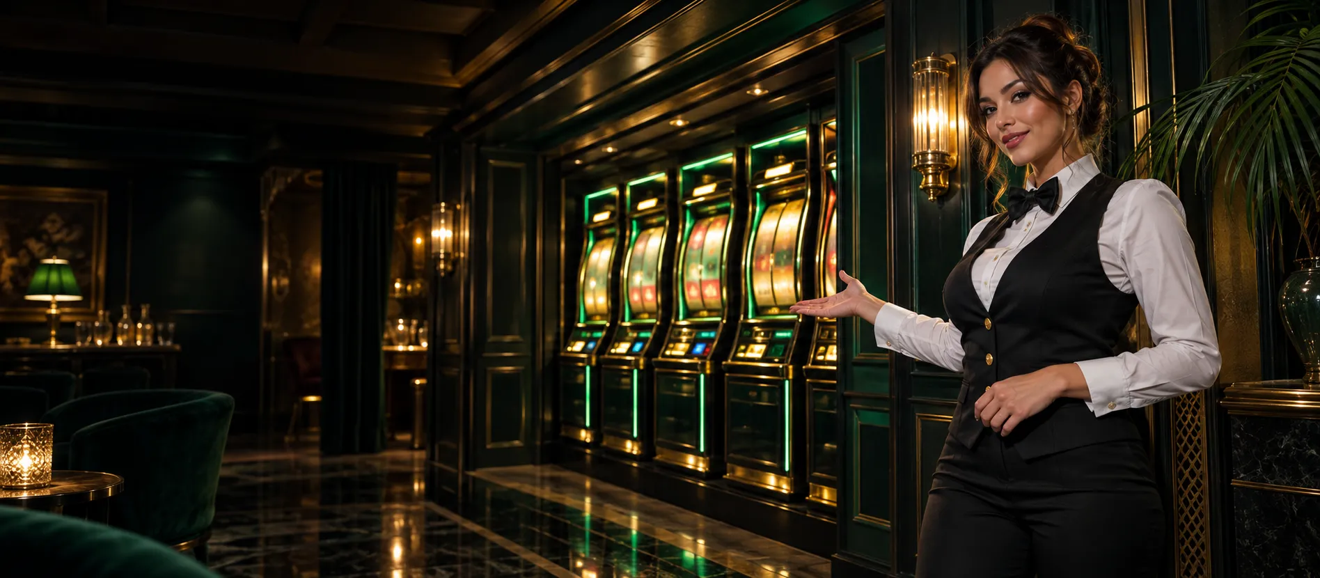 Croupier gesturing toward glowing slot reels in a hidden speakeasy casino