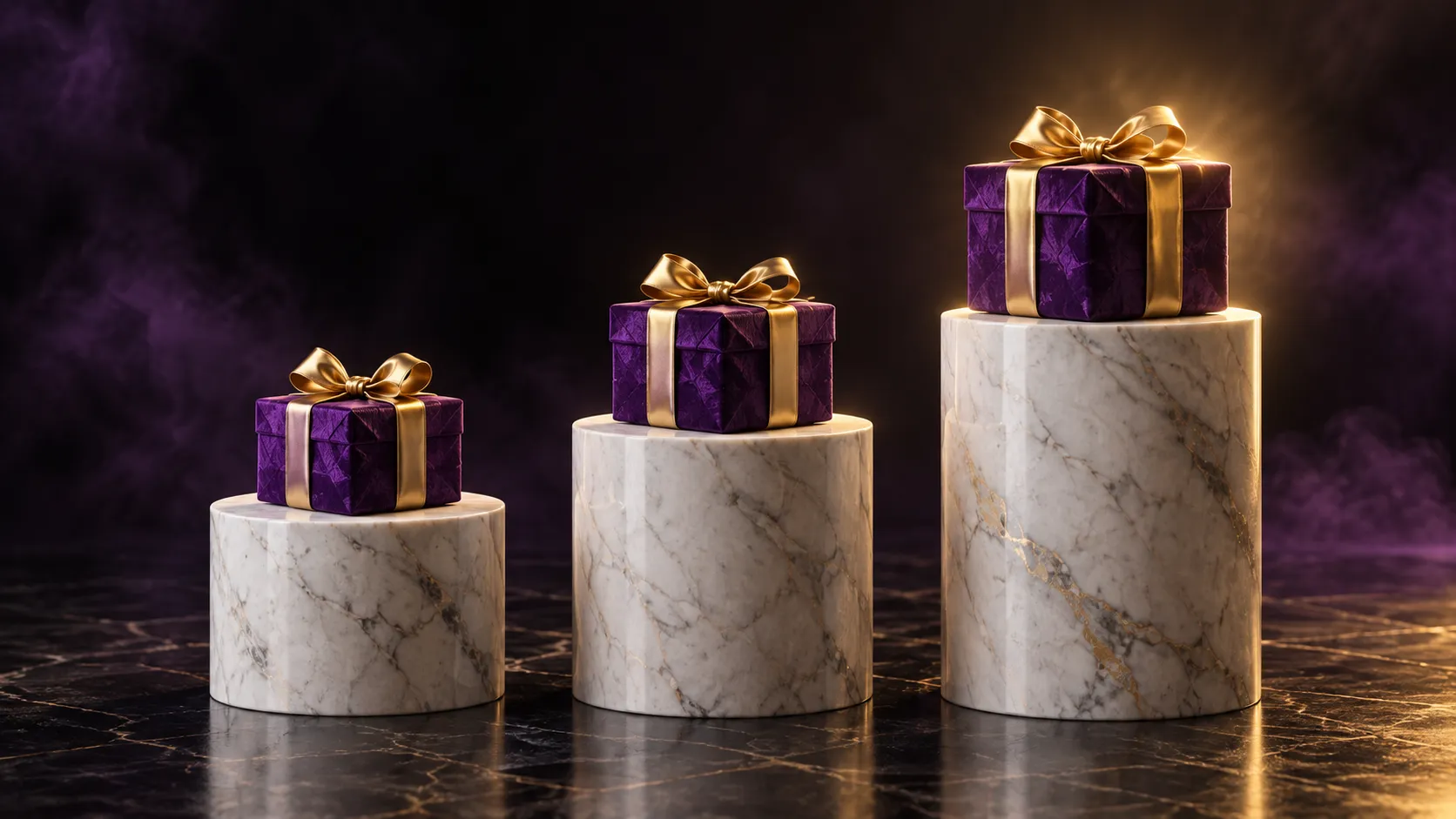 Three raised plinths representing the step structure of the Here2Win Casino welcome bonus