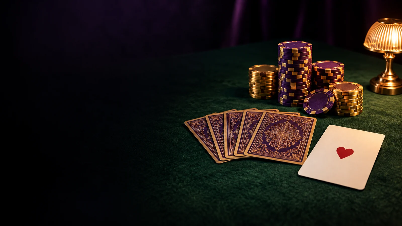 Fanned playing cards and casino chips laid out on green felt