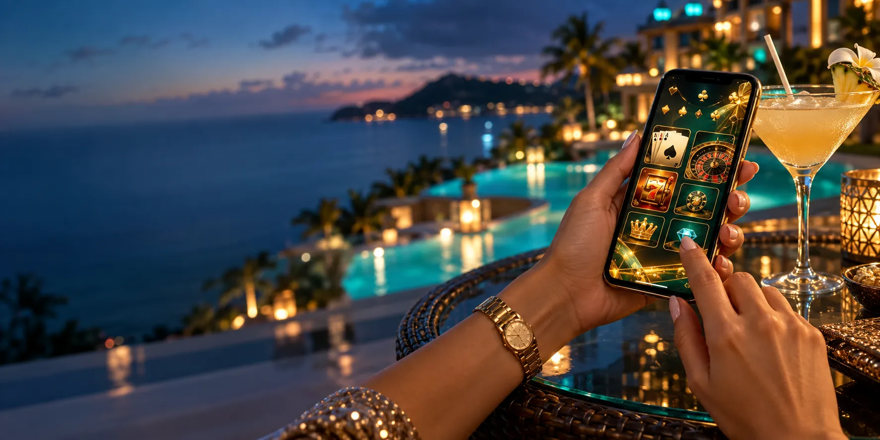 Hands holding a phone showing a lit casino lobby beside a cocktail glass at a tropical resort
