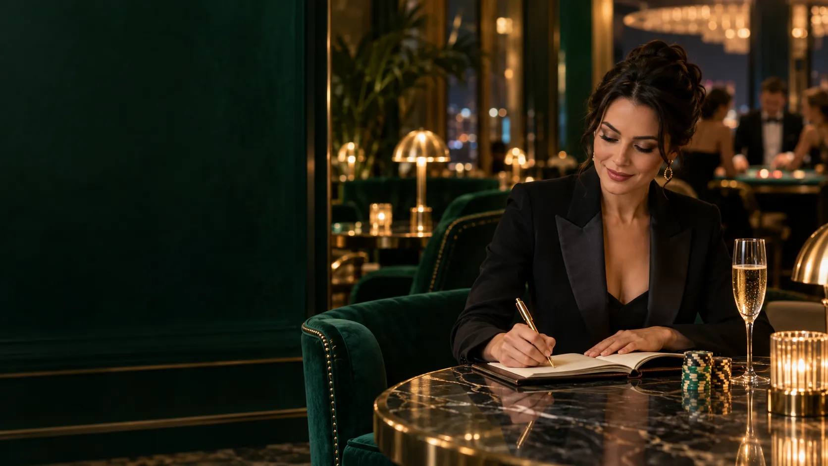 A woman writing notes at a marble table in a VIP casino lounge