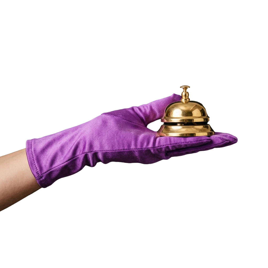 Purple satin glove holding a golden desk bell, symbolising a quick call for support