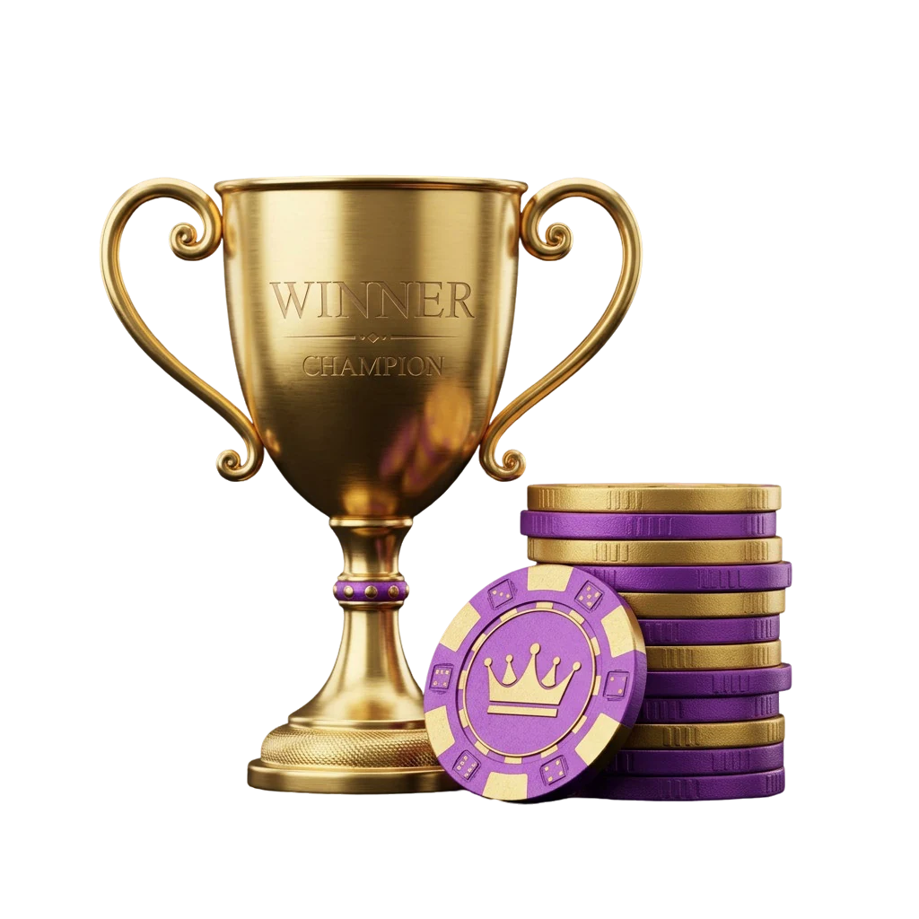A gold trophy engraved with winner and champion text, sitting beside a stack of coins