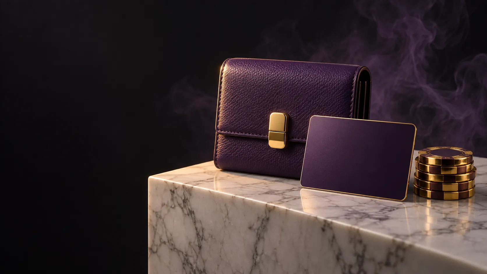 Hardware wallet and casino chips arranged on a marble plinth