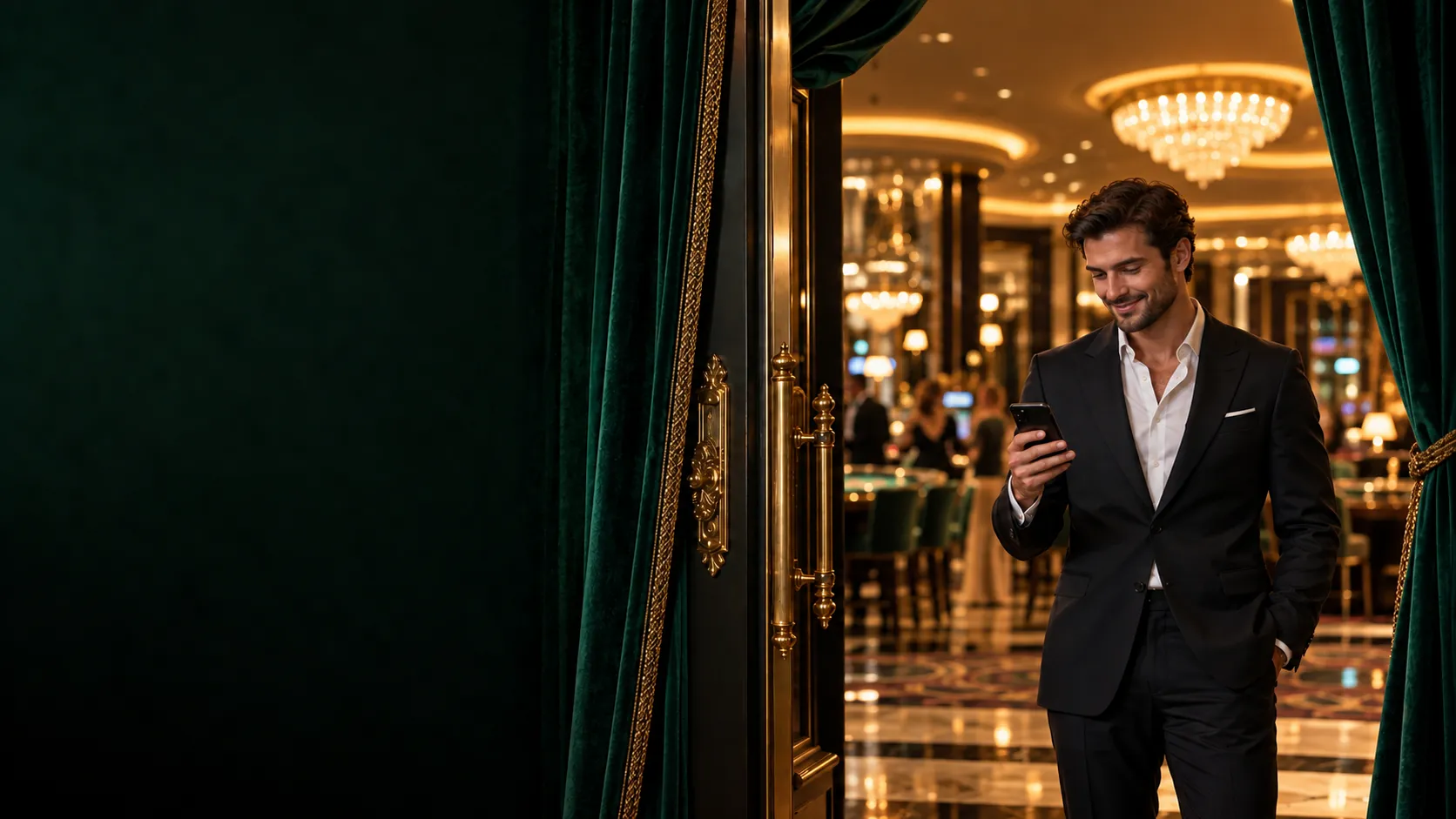A man in a suit checking his phone at a casino salon entrance