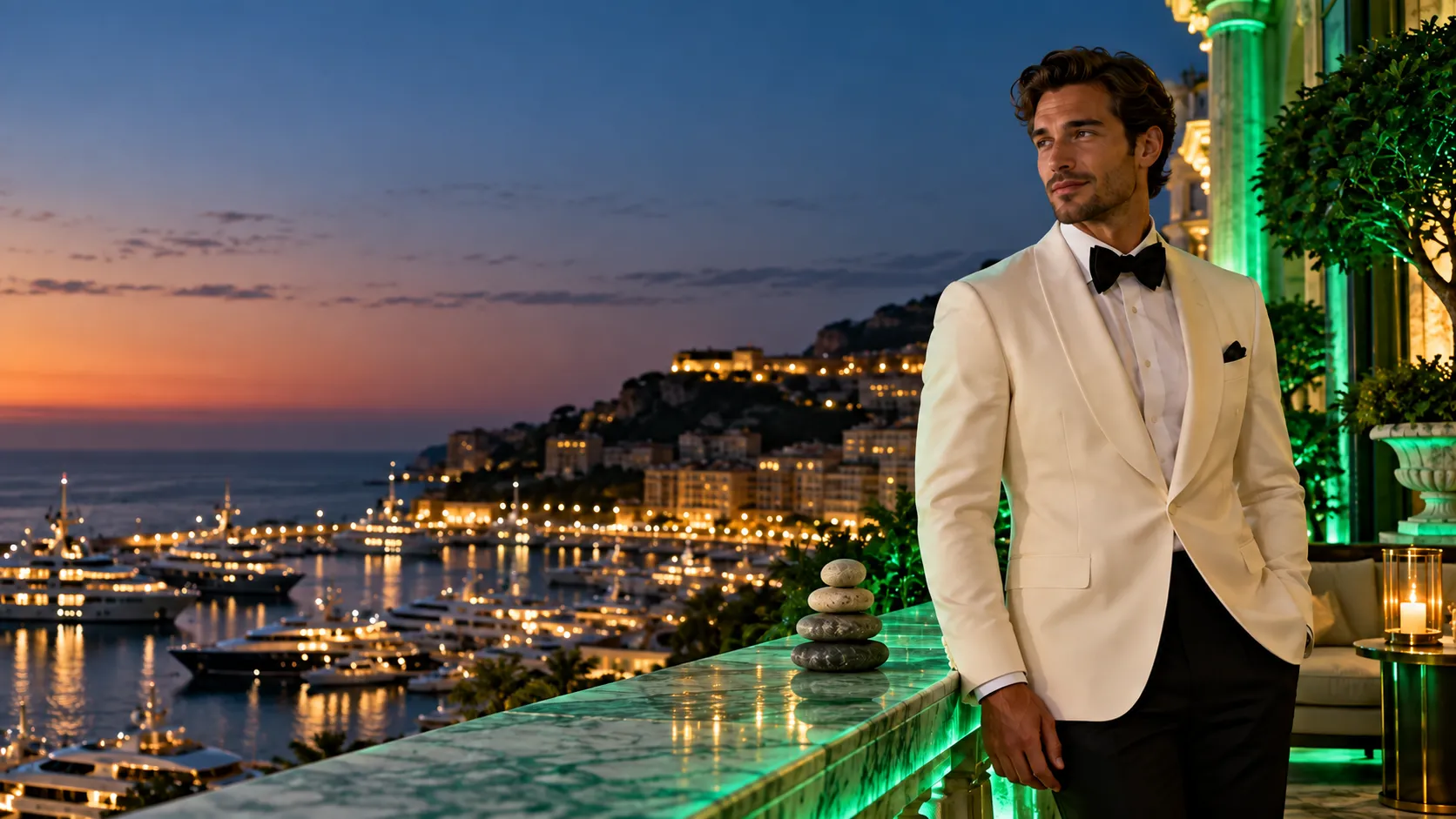 Man in a white dinner jacket standing calmly beside a stack of balanced stones on a riviera terrace at dusk