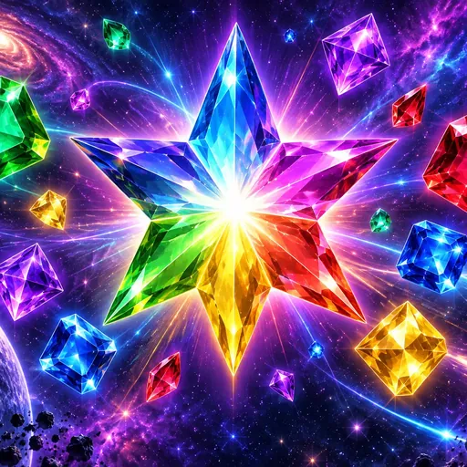 Starburst cover art with glowing gems and space-arcade symbols